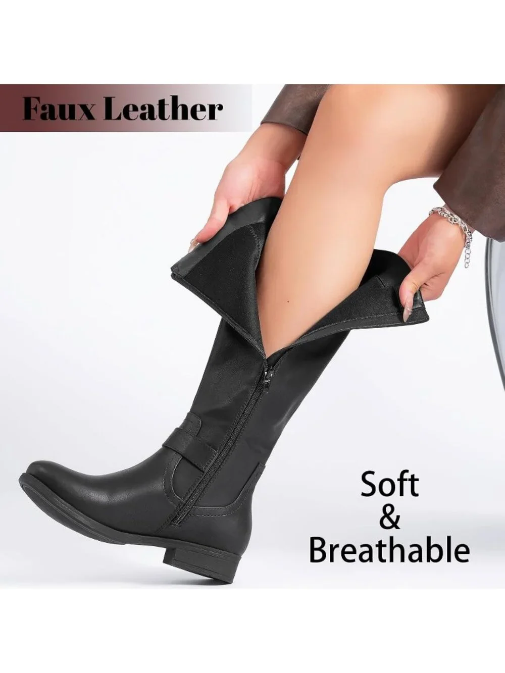 Women's Black Platform Slouchy Side Zipper Comfort Round Toe Knee High Boots